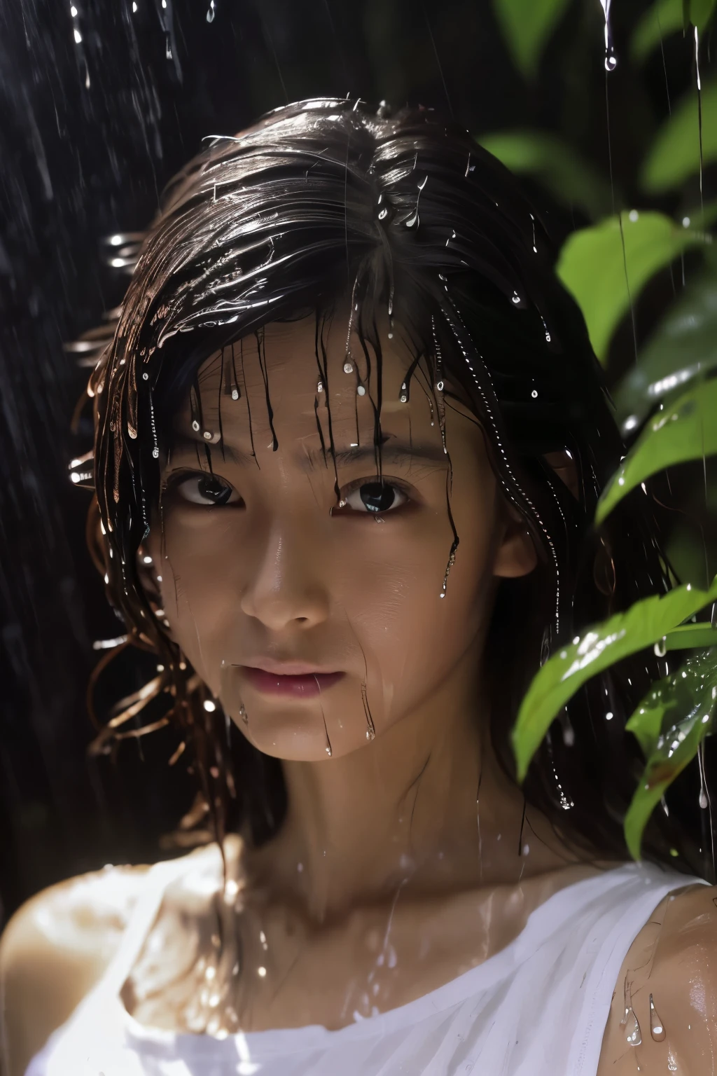 Best Image Quality, masterpiece, Ultra high resolution, (loyalty :1.4), Skinny Japanese woman, 1 girl, detailed face, detailed eyes, correct human body structure, dim, Dark, Tears, Tearsdrop, (White shirt), (wet soaked clothes sticking to the body:1.4), bare shoulders, wet hair, torrential rain, in the deep forest, 