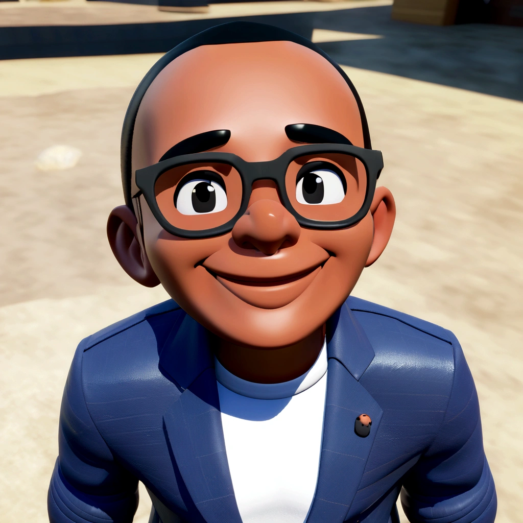 Cartoon character of a man in black glasses and blue shirt, an animated character, stylized character, animation style rendering, 3d stylized, Arnold Maya rendering, Stylized 3D rendering, toon render screenshot, 3d character, 3d character, Stylized 3D rendering, 3D character rendering, cartoon character, Personagem de close up, character posing, (Pixar-style) (master part:1.2) (bokeh) (best qualityer) (skin detailed) (detailed texture) (8K) (Argilla) (cinematic lighting) (sharp focus，Sit down and lift your upper body