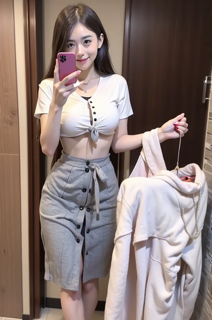Create a highly realistic image of a young woman taking a selfie in a modern bathroom setting. The photo should capture the point of view of the selfie, showing the woman holding a smartphone in her right hand in front of a large mirror. She is smiling slightly and has her left hand touching her hair. The woman is wearing a short-sleeved, white button-up shirt that is tied up to reveal her midriff, along with a grey pleated skirt and a loosely worn grey tie. The background should include a stylish bathroom with wooden accents, mirrors, and modern lighting, ensuring that the setting appears well-lit and contemporary.
