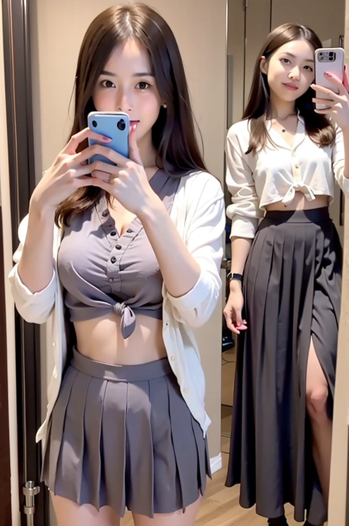 Create a highly realistic image of a young woman taking a selfie in a modern bathroom setting. The photo should capture the point of view of the selfie, showing the woman holding a smartphone in her right hand in front of a large mirror. She is smiling slightly and has her left hand touching her hair. The woman is wearing a short-sleeved, white button-up shirt that is tied up to reveal her midriff, along with a grey pleated skirt and a loosely worn grey tie. The background should include a stylish bathroom with wooden accents, mirrors, and modern lighting, ensuring that the setting appears well-lit and contemporary.
