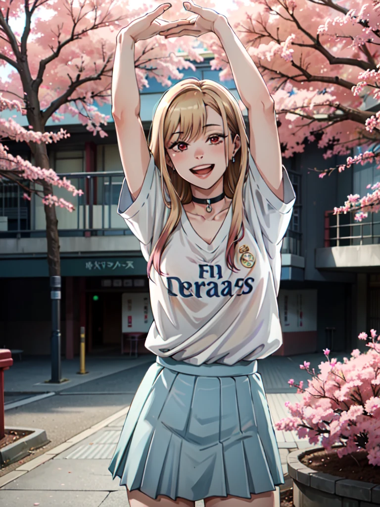  yukata, japan, cherry blossoms, best quality, (masterpiece:1.2), detailed, kitagawa marin sb, 1girl, solo, arms up, open mouth, grin, smile, long hair, blonde hair, red eyes, multicolored hair, earrings, ((wearing a white Real Madrid tshirt)), choker, ((white Real Madrid tshirt)), pleated skirt, blue skirt, standing, looking at the viewer, outdoors,