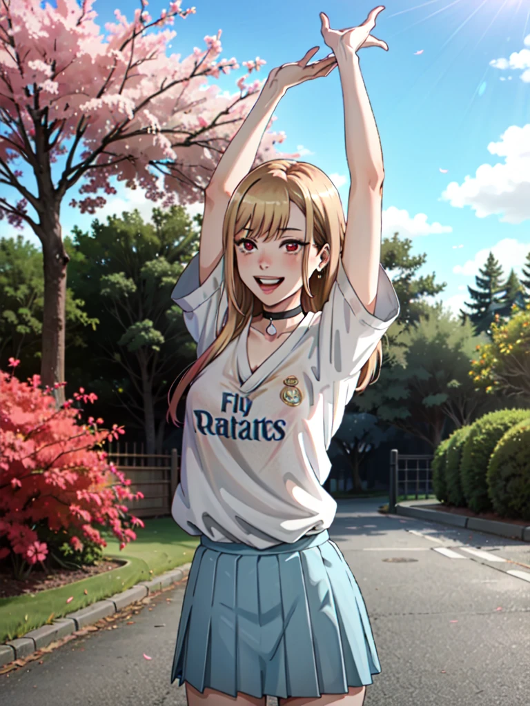  yukata, japan, cherry blossoms, best quality, (masterpiece:1.2), detailed, kitagawa marin sb, 1girl, solo, arms up, open mouth, grin, smile, long hair, blonde hair, red eyes, multicolored hair, earrings, ((wearing a white Real Madrid tshirt)), choker, ((white Real Madrid tshirt)), pleated skirt, blue skirt, standing, looking at the viewer, outdoors,