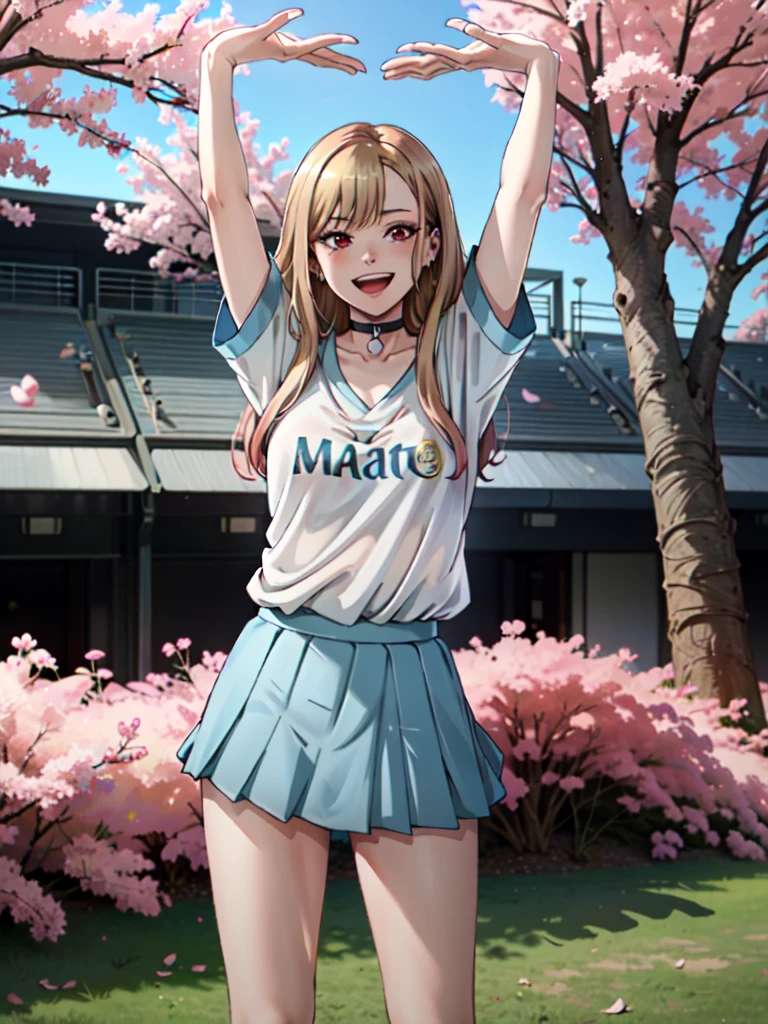  yukata, japan, cherry blossoms, best quality, (masterpiece:1.2), detailed, kitagawa marin sb, 1girl, solo, arms up, open mouth, grin, smile, long hair, blonde hair, red eyes, multicolored hair, earrings, ((wearing a white Real Madrid tshirt)), choker, ((white Real Madrid tshirt)), pleated skirt, blue skirt, standing, looking at the viewer, outdoors,