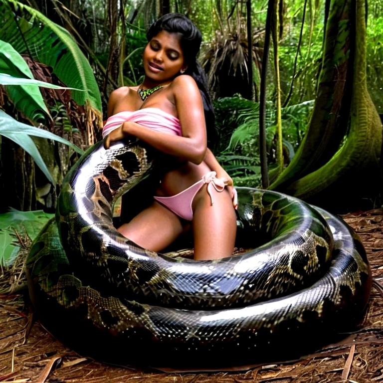 Topless pink thong wearing aroused horny beautiful happy young Indian girl vs Giant colossal black anaconda monster wrapped around her body squeezing her in coiled embrace cuddling and kissing sexual erotic bestiality sex realistic in the rainforest full body, best quality wet