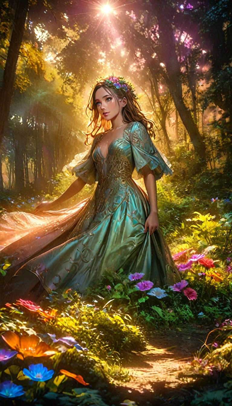 a beautiful forest at dawn, idyllic, magical, majestic, epic lighting, 8K, 1girl, detailed face, detailed eyes, detailed lips, long eyelashes, beautiful dress, serene expression, lush foliage, colorful flowers, sunbeams, photorealistic, cinematic, warm colors, dramatic lighting, intricate details