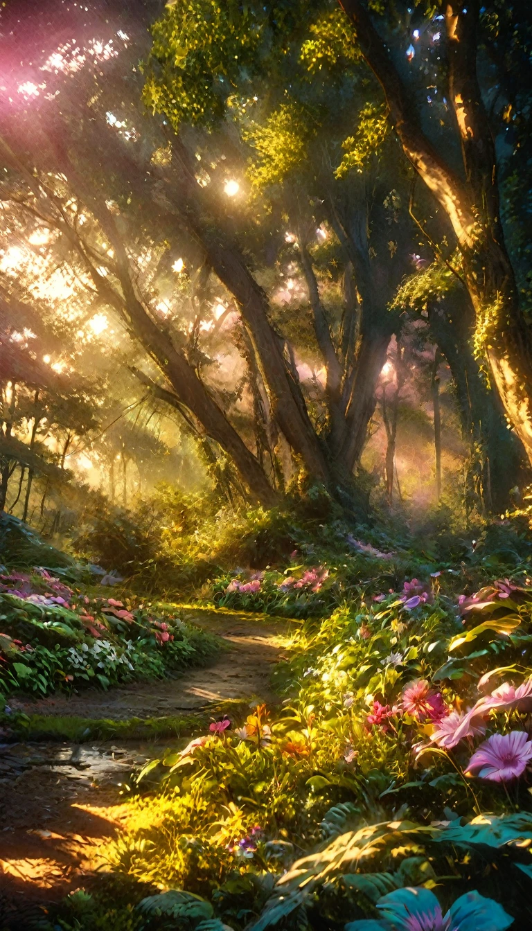 a beautiful forest at dawn, idyllic, magical, majestic, epic lighting, 8K, 1girl, detailed face, detailed eyes, detailed lips, long eyelashes, beautiful dress, serene expression, lush foliage, colorful flowers, sunbeams, photorealistic, cinematic, warm colors, dramatic lighting, intricate details