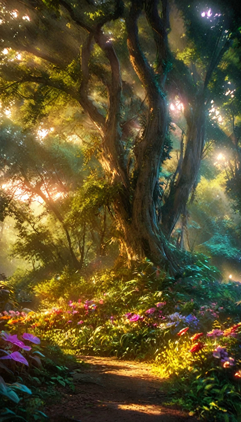 a beautiful forest at dawn, idyllic, magical, majestic, epic lighting, 8K, 1girl, detailed face, detailed eyes, detailed lips, long eyelashes, beautiful dress, serene expression, lush foliage, colorful flowers, sunbeams, photorealistic, cinematic, warm colors, dramatic lighting, intricate details