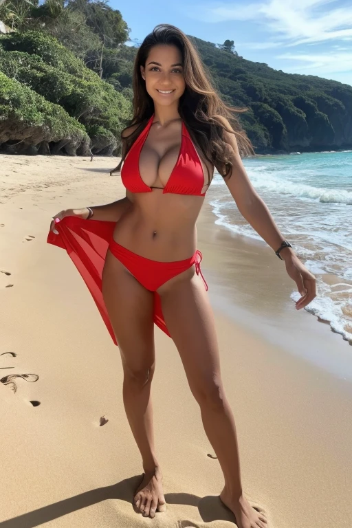 Araffe woman in bikini standing on a beach with a soccer ball, red bikini, Full body photo in bikini, wearing two piece swimsuit, in a bikini, wears a bathing suit, 30 year old Cuban woman., in bikini, carla ortiz, posing on a beach with the ocean, wearing spandex bikini, 30 year old woman