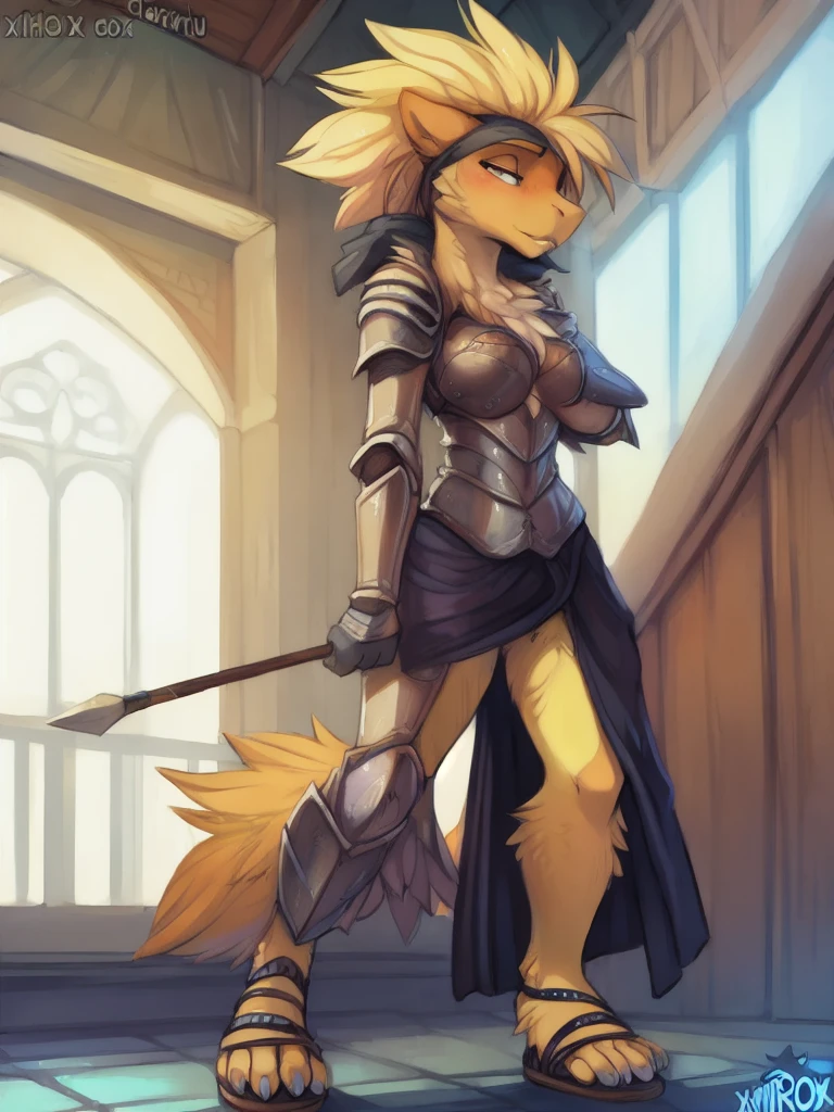 (masterpiece:1.2), (best quality:1.2), fullbody portrait, sharp focus, (8k), beautiful, high quality, (highres:1.1), detailed, extremely detailed 4K, extremely detailed, intricate, hyper detailed, illustration, soft lighting, high resolution, sharp detail, perfect lighting, (1girl, solo, adult female, mature female), 
(by hioshiru:1.2), (by plagueofgripes:0.7), (by tom fischbach:1.1), (by iskra:0.8), (by zackary911:0.7), (by kenket:0.8), (by xnirox:1.3), (by cervina7:1.0), detailed_background, uploaded on e621,
 Typhlosion, (detailed fur, fluffy fur), pokemon, pokemorph, 
cute, shy, wearing full body plate armor, gladiator skirt, gladiator sandals, humanoid feet,  holding a spear, nosebleed,bloody nose
