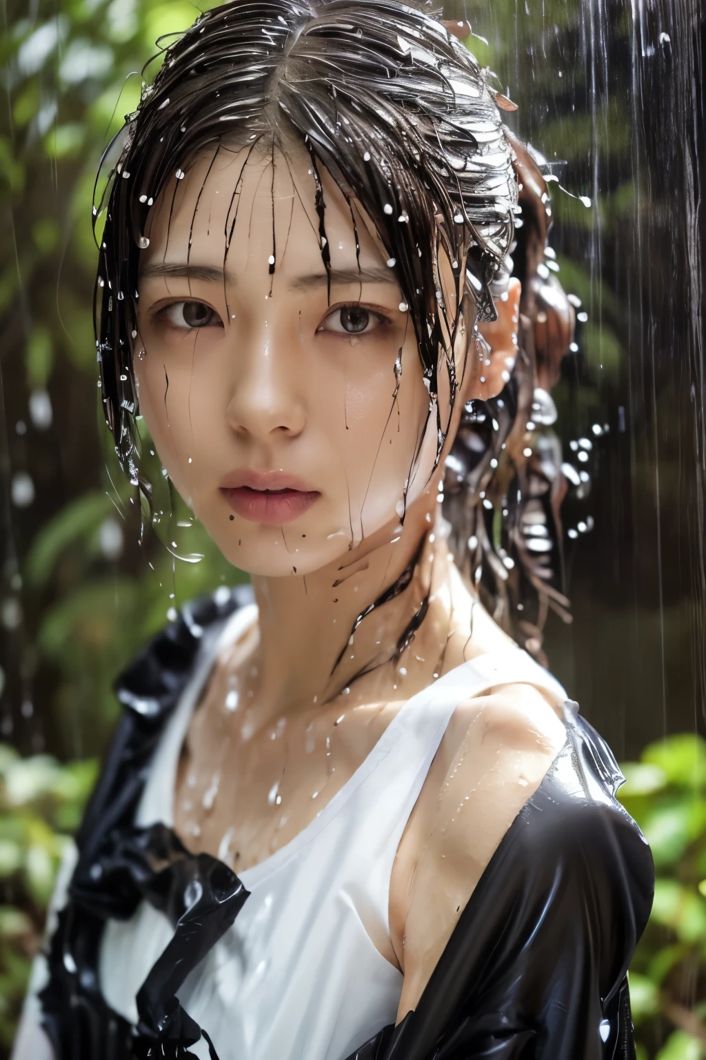 Best Image Quality, masterpiece, Ultra high resolution, (loyalty :1.4), Skinny Japanese woman, 1 girl, detailed face, detailed eyes, correct human body structure, dim, Dark, Tears, Tearsdrop, (White shirt), (wet soaked clothes sticking to the body:1.4), bare shoulders, wet hair, torrential rain, in the deep forest, 