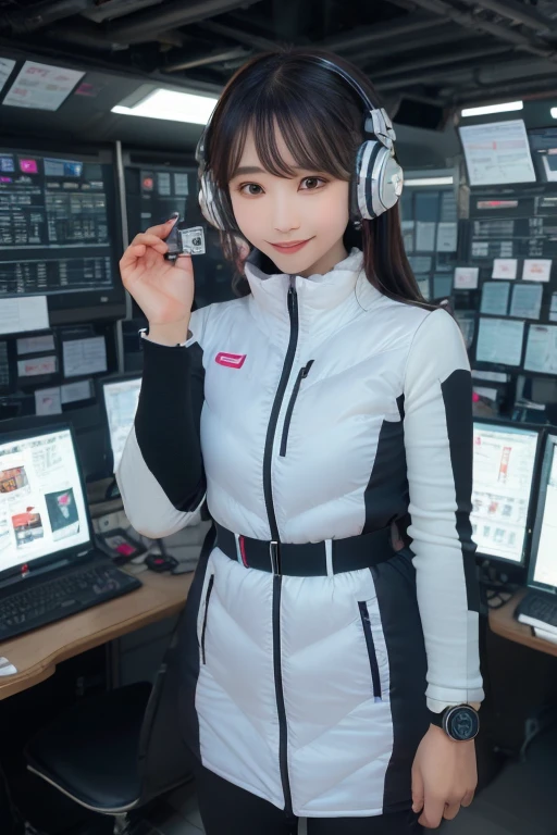 masterpiece, Highest quality, Very detailed, 8K Portrait,Japanese Android Girl,plump , Control panel,Robotic arms and legs, Blunt bangs,,break (Metallic Gray, Metallic luster, Mirror finish, Astro Best):5,headphone:5,break (Black sleeves):100,Smart Watches,Futuristic space station,Control Room,break headphone,blue eyes,(Black Hair):2,(Long Hair):1.3,Displaying the viewer,(respirator),break blush:3,Hidden Hand,smile