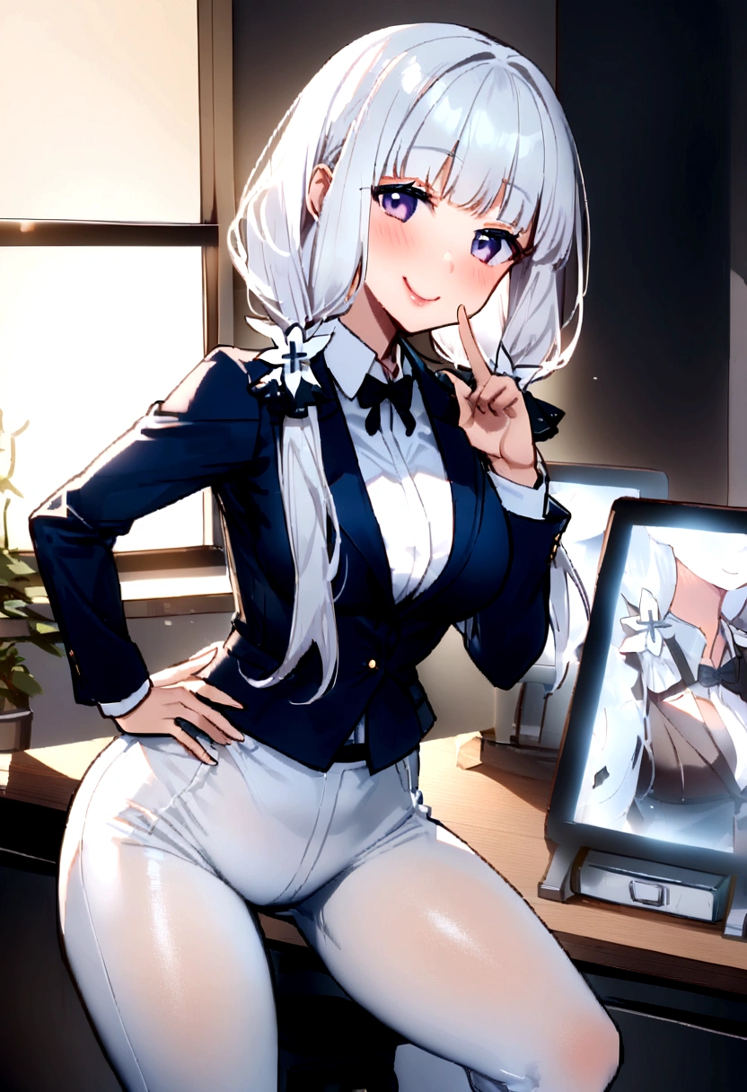 Tabletop, Highest quality, Ultra-high resolution,(Like the picture:1.4) (Written boundary depth),(Lens Glow) , Jacket:1.5、At work:1.5、Beautiful Japanese Woman:1.5、company employee、Sexy ass:1.5、Please put your hands on your hips:1.5、smile、Tight pants White trousers