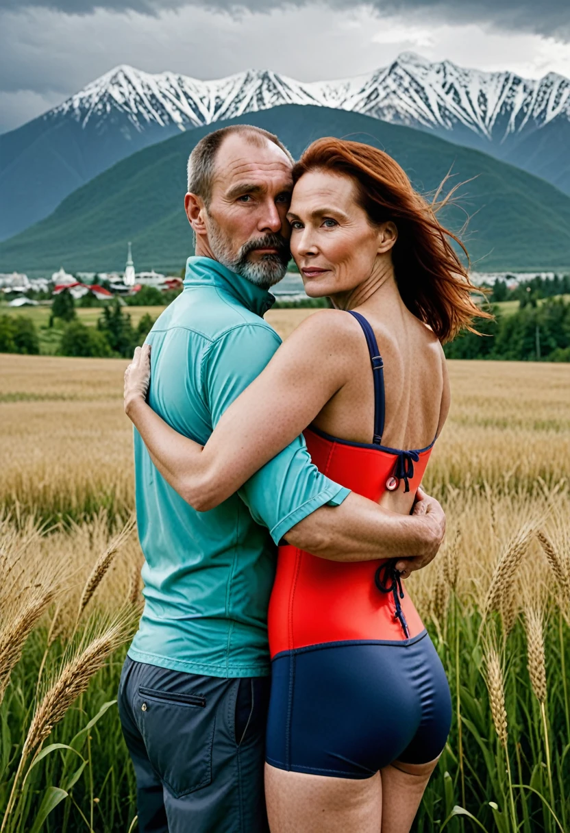 In the image, a shorter husband, as 45-year-old man, and very tall wife Sonja woman are standing in a field with their backs to the camera. The woman has her arms wrapped around the man's waist. The sky is overcast, and there are mountains in the background. The image is captured in high definition, with high contrast and high color saturation. Keywords: tall, strong, woman, Russia, swimwear, man, towering, Sonja, high definition, high contrast, high color saturation. **Note:** - You can add more details or adjust the prompt based on the given theme. - Remember to follow the prompt format guidelines mentioned above.