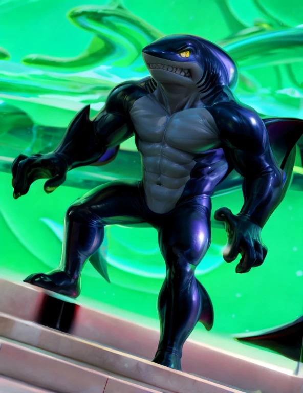A humanoid shark creature stands tall,blue body with blue back pointed fins a dull gray in his belly tough, its yellow eyes gleaming with intensity as it showcases its sharp, clenched teeth. The male focus is centered on the subject's powerful physique, set against a vibrant, enhanced bright background that accentuates its otherworldly features. Art by TakahiroSi.cartoon style,detail full-body,detail hands,detail finger(4 fingers),4k,high_resolution,masterpiece,smooth soft body,balance muscle,((light-up character's dark-body)),((light-up background))