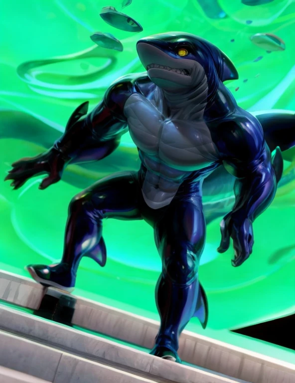 A humanoid shark creature stands tall,blue body with blue back pointed fins a dull gray in his belly tough, its yellow eyes gleaming with intensity as it showcases its sharp, clenched teeth. The male focus is centered on the subject's powerful physique, set against a vibrant, enhanced bright background that accentuates its otherworldly features. Art by TakahiroSi.cartoon style,detail full-body,detail hands,detail finger(4 fingers),4k,high_resolution,masterpiece,smooth soft body,balance muscle,((light-up character's dark-body)),((light-up background))