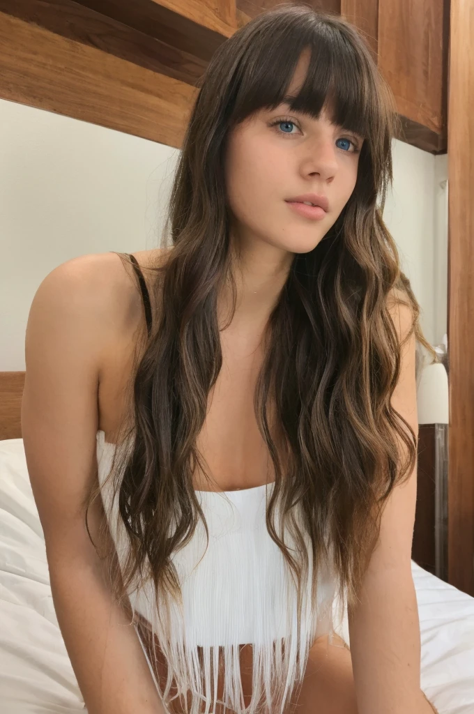 A pretty 17 year old white girl with long hair with wavy bangs with a cute and pretty face showing her sexy shoulders in her room wet from the heat