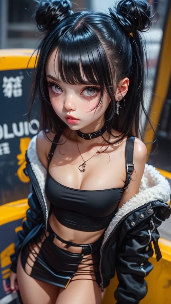 The character costume is KPOP, Hallyu, K-pop anime art style, Hallyu frontline style, Hallyu art style, kpop style, official artwork, Chibi art, Pisif, Blackpink style, cute.     KPOP artwork in various poses, The popularity of Pisif art station,  chibi, No watermark, Extra close-fitting mini skirt, open jacket, extra short clear top Strapless, cleavage, style clothing cyberpunk, smallest short short, wide angle, short top, very short, lance,