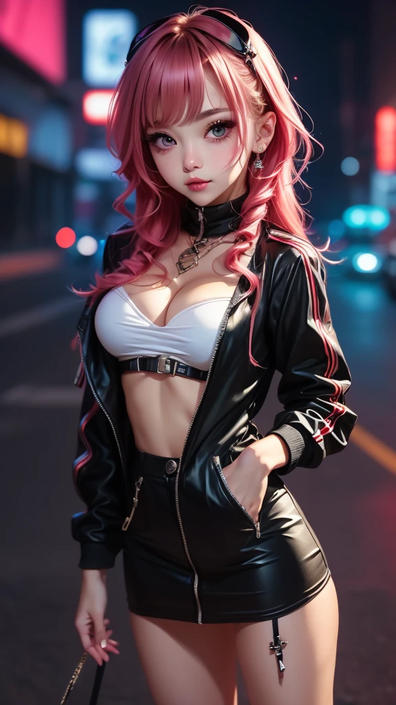 The character costume is KPOP, Hallyu, K-pop anime art style, Hallyu frontline style, Hallyu art style, kpop style, official artwork, Chibi art, Pisif, Blackpink style, cute. KPOP artwork in various poses, The popularity of Pisif art station, chibi, No watermark, Extra close-fitting mini skirt, open jacket, extra short clear top Strapless, cleavage, style clothing cyberpunk, smallest short short, wide angle, short top, very short, lance,