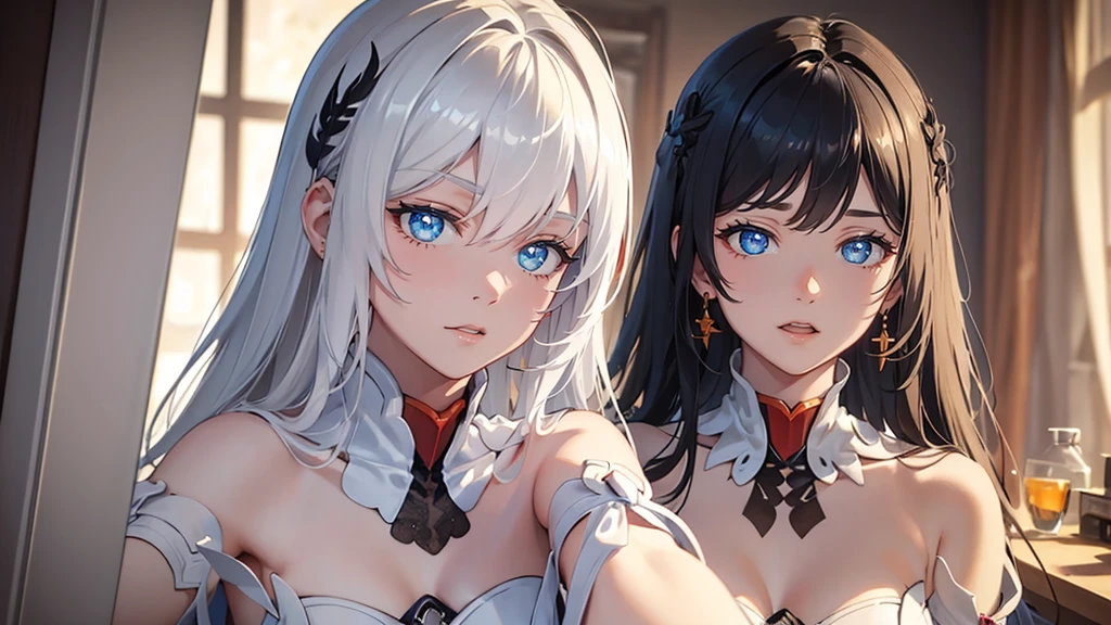 masterpiece, best quality, JingliuV5, 2girls, white hair, long hair, red eyes, white dress, white sailor collar, white scarf, sitting on bed, indoors, bedroom, windows, blue sky, winter, snow, smile, upper body. closed mouth,