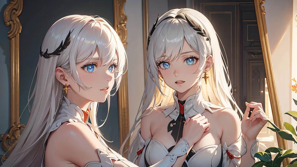 create two sex characters, with white hair, blue colored eyes, breasts small