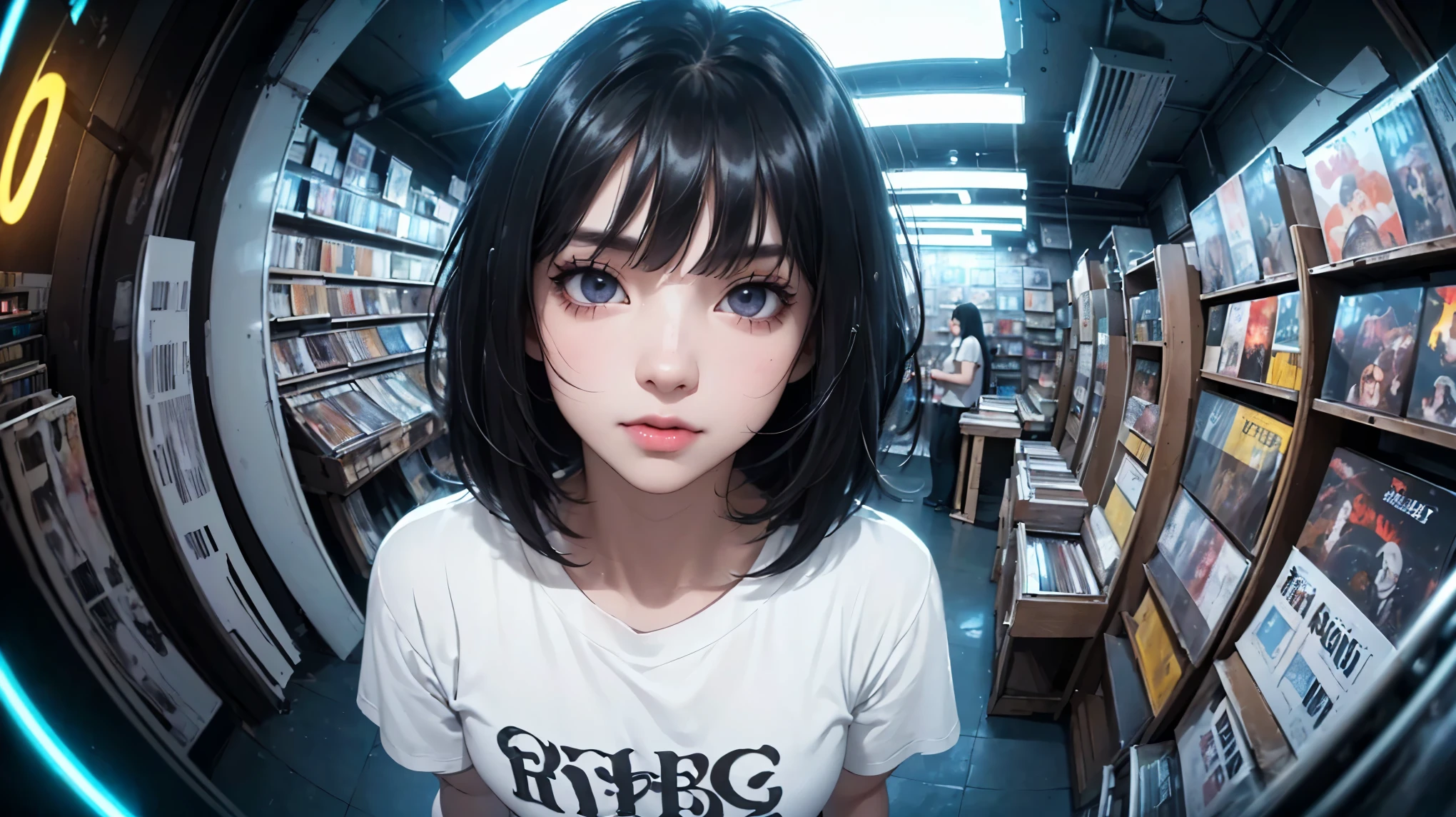 ((8k wallpaper extremely detailed CG unit, masterpiece, High resolution, top quality)), (A very detailed beautiful woman, Perfect face,Black Hair, bob cut,Bangs, Gray eyes, Top of crop, Short sleeve, crop top), ((The face is rich in detail, Highly detailed dark eyes, Extra detailed body, Top quality real texture skin)), (A black-haired one, Messy hair, White skin), (Interior Architecture, glowing neon lights, Record store), (High Angle:1.2, Fisheye:1.3), Surrealism, number,