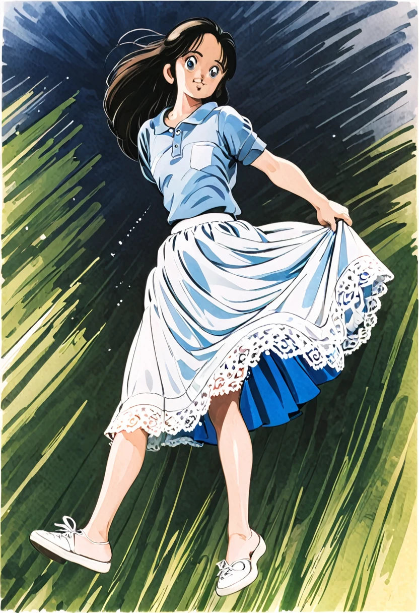音無響子制服のLong skirt、The color is dark blue、
Low - Angle、制服のLong skirt、The color is dark blue、
Low - Angle、Long skirt、Hold down your skirt that is being blown up by the strong wind、Anime white panties in a strong wind、Crotch is visible
ローレグのパンツ、Color: White、
Crotch is visible、
、Lined、White lace lining、
