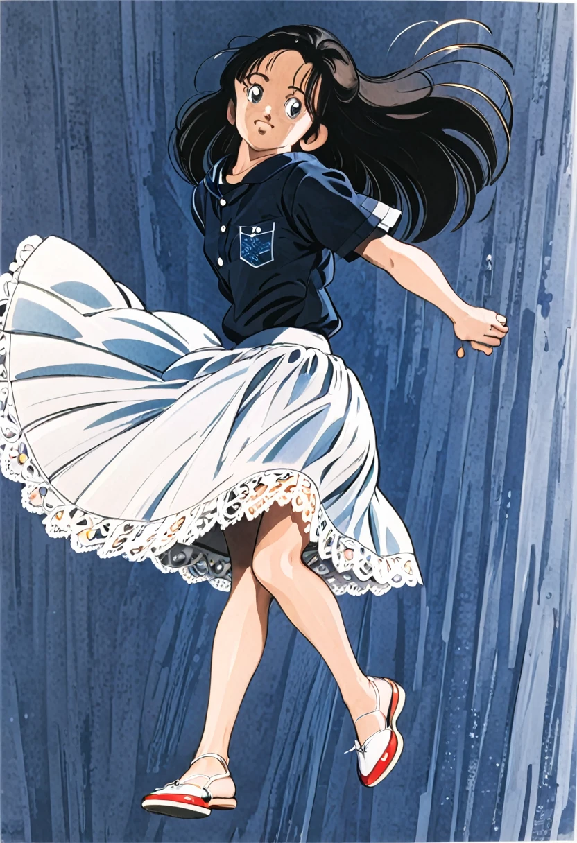 音無響子制服のLong skirt、The color is dark blue、
Low - Angle、制服のLong skirt、The color is dark blue、
Low - Angle、Long skirt、Hold down your skirt that is being blown up by the strong wind、Anime white panties in a strong wind、Crotch is visible
ローレグのパンツ、Color: White、
Crotch is visible、
、Lined、White lace lining、
