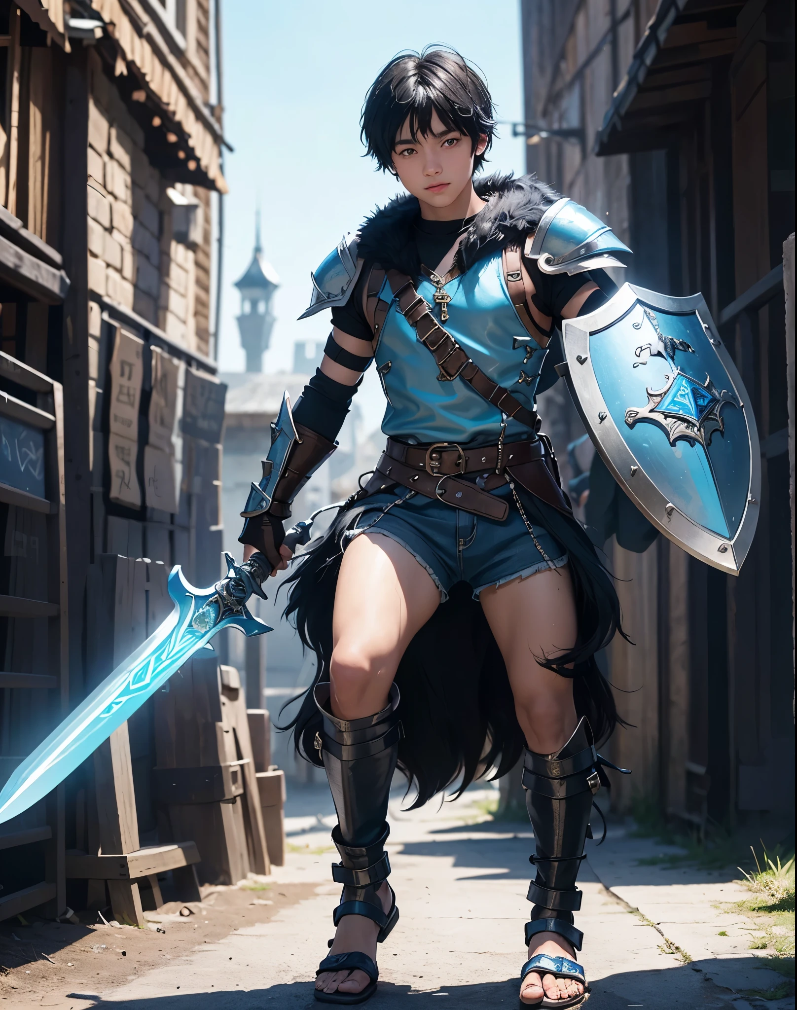 Young 13-year-old boy with black hair and brown eyes, innocent and happy, dressed in short neon-blue medieval barbarian clothes, fur shorts, light-blue battle armor, weilding silver sword and shield, sandals; fullbody; short hair, boyish athletic, sexy,