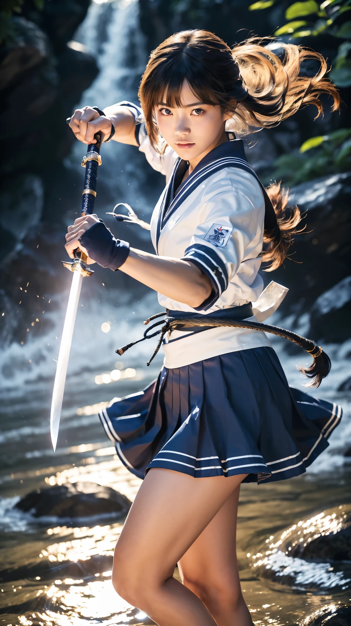 (Ultra HD, Highest quality, High resolution, Hyperrealistic, super beautiful), 24000dpi, Beautiful woman, Long Tail, Well-formed eyes, Eyesight max, 18-year-old, Alluring, Completely American, perfect body, Physical Beauty, ((Japanese blue sailor uniform, Navy blue mini skirt, serafuku)), (((2 foot knife, He is carrying an electric Japanese sword., Two-Way))), Blue Lightning, Charge Move, Special move stance, All in one, Dance, whole body