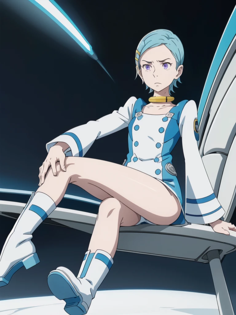 (super high definition),eureka,night,dim dark,one light,one girl,one boy law,purple eyes, short light blue hair, choker, hair clip, white and blue dress, long sleeves, white and blue knee high knee boots, shiny boots, full length view, legs up showing soles, eureka sitting on chair Eureka, looking up from just below, sneering, pompous manner, (close-up view of soles), looking down at us, (close-up view of soles), looking down at us
