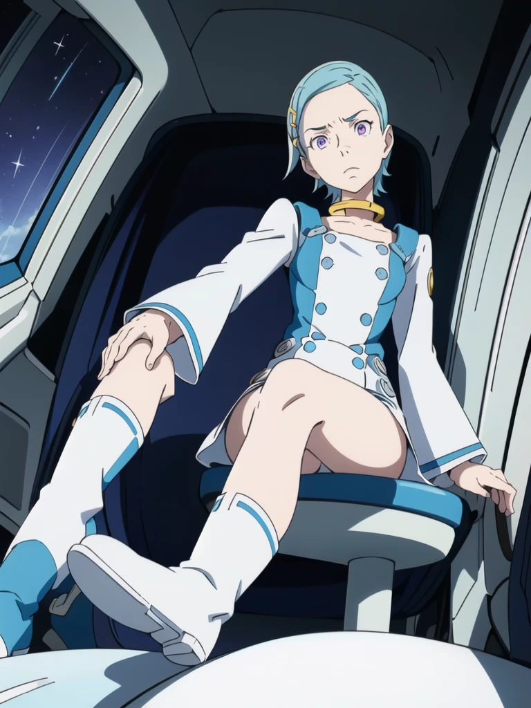 (super high definition),eureka,night,dim dark,one light,one girl,one boy law,purple eyes, short light blue hair, choker, hair clip, white and blue dress, long sleeves, white and blue knee high knee boots, shiny boots, full length view, legs up showing soles, eureka sitting on chair Eureka, looking up from just below, sneering, pompous manner, (close-up view of soles), looking down at us, (close-up view of soles), looking down at us
