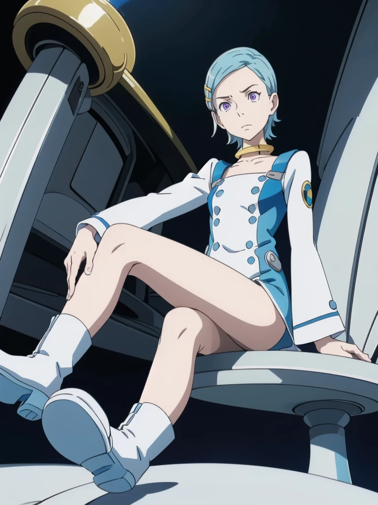 (super high definition),eureka,night,dim dark,one light,one girl,one boy law,purple eyes, short light blue hair, choker, hair clip, white and blue dress, long sleeves, white and blue knee high knee boots, shiny boots, full length view, legs up showing soles, eureka sitting on chair Eureka, looking up from just below, sneering, pompous manner, (close-up view of soles), looking down at us, (close-up view of soles), looking down at us
