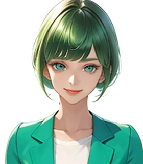 big bangs,beautiful bangs,green hair,Emerald hair,short hair,short hair,bright face,upper body up,chest up,business woman,intellectual,smile,jacket,white shirt , laughter,drooling eyes, alone,Flow of hair that extends to the face,Big light blue eyes shine charmingly,green one piece,eyeliner,Shining white skin,