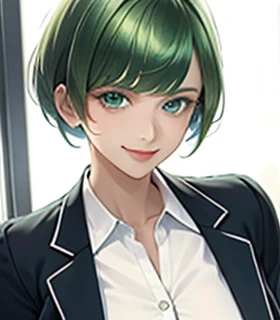 big bangs,beautiful bangs,green hair,Emerald hair,short hair,short hair,bright face,upper body up,chest up,business woman,intellectual,smile,jacket,white shirt , laughter,drooling eyes, alone,Flow of hair that extends to the face,Big light blue eyes shine charmingly,green one piece,eyeliner,Shining white skin,