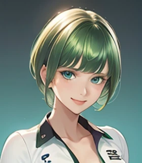 big bangs,beautiful bangs,green hair,Emerald hair,short hair,short hair,bright face,upper body up,chest up,business woman,intellectual,smile,jacket,white shirt , laughter,drooling eyes, alone,Flow of hair that extends to the face,Big light blue eyes shine charmingly,green one piece,eyeliner,Shining white skin,