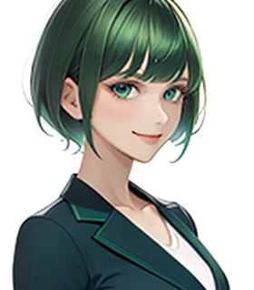 big bangs,beautiful bangs,green hair,Emerald hair,short hair,short hair,bright face,upper body up,chest up,business woman,intellectual,smile,jacket,white shirt , laughter,drooling eyes, alone,Flow of hair that extends to the face,Big light blue eyes shine charmingly,green one piece,eyeliner,Shining white skin,