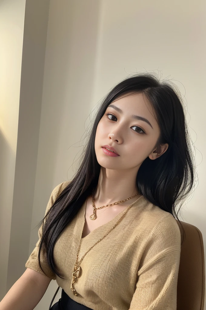 (masterpiece: 1.3), (8K, Realistic, RAW Photos, Highest quality: 1.4), (One girl), Shallow depth of field, Focus on the face, Soft Focus, Beautiful Face, (Backlight: 1.5), (Surroundings: 1.3), (Realistic Face), (Black Hair, Medium Short: 1.3), Gentle wavy hair, Hair blowing in the wind, The hair on my back spreads in the wind, Short bangs, Realistic eyes, Dark brown pupils, Pupil highlights, Beautiful details in the eyes, (Plenty of natural light), (Realistic Skin), Beautiful Skin, blouse, flare skirt, clock, thin gold chain necklace, thin gold chain bracelet, bag, Bright flat pale wall and empty background, Absurd, Charm, 超High resolution, Ultra-realistic, High resolution, Golden Ratio, Full body of a walking person, The gesture of raking hair with your hands, Sit on a chair