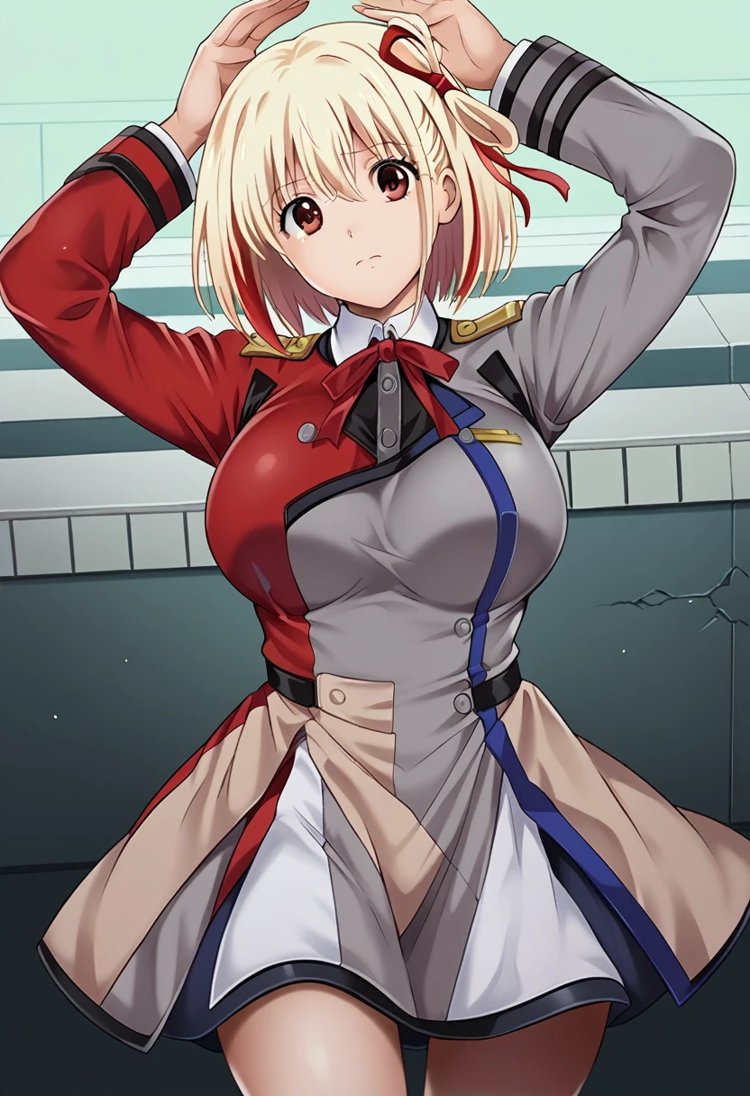 masterpiece, Highest quality, 1 person,( Large Breasts,Are standing, View your audience,),Detailed Background、A person who writes in detail、Accurate human body、Knowledgeable person、Accurate 5 fingers,Mature Woman,Thighsが太い,Cruby Body, Nishikigi chisato, bob cut, hair ribbon,cyclone \(for once\),Long sleeve、Thighs、alone,((lycoris uniform, two-tone dress, red dress, grey dress, neck ribbon, long sleeves,wrists above head)),((zettairyouiki)),,