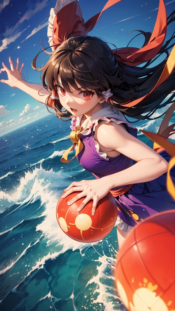 solo 1 girl view, TouHou project, An adventure girl Reimu, which due to a curse has been transformed into Kedama, a little ball of hair, having to fight waves of enemies, an isometric perspective with both ranged attacks and hand-to-hand combat, being able to turn into different monsters, random angle.,(all realistic intricate details)