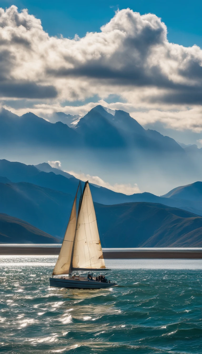 flying sailboat, above the ocean, mountain, plains, birds, detailed clouds, afternoon sun, 4K, Ultra High Definition, 16K