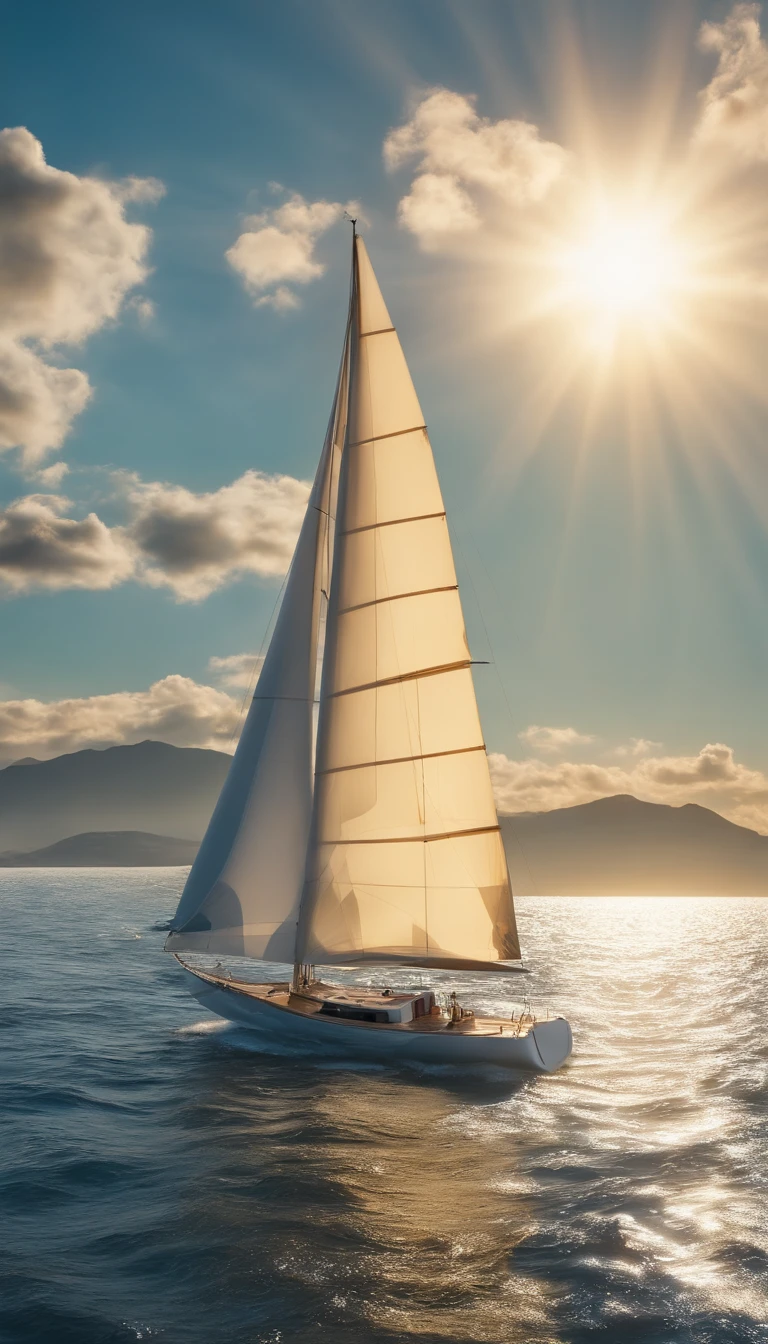 flying sailboat, above the ocean, mountain, plains, birds, detailed clouds, afternoon sun, 4K, Ultra High Definition, 16K