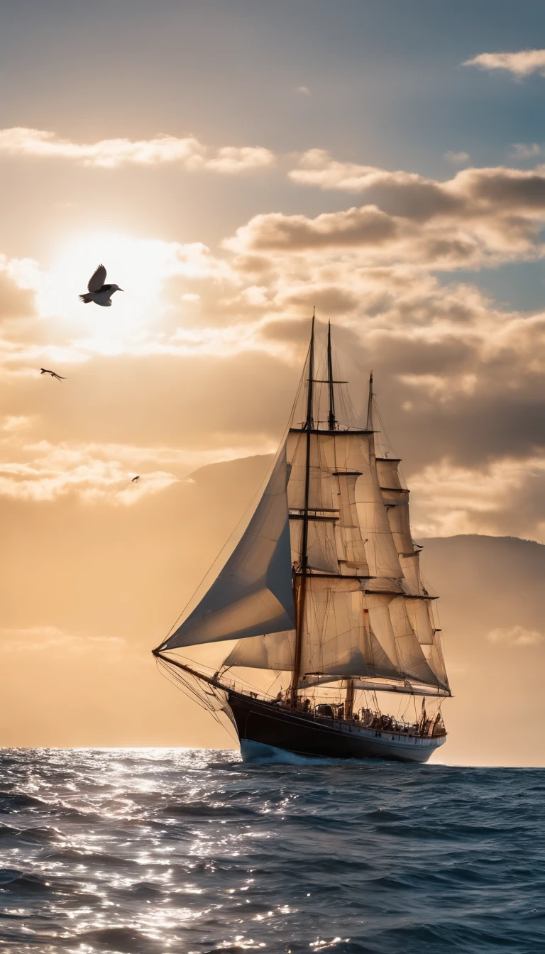flying sailboat, above the ocean, mountain, plains, birds, detailed clouds, afternoon sun, 4K, Ultra High Definition, 16K