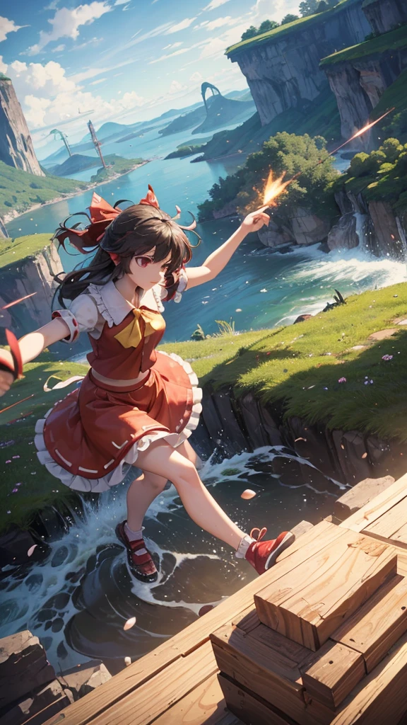 solo 1 girl view, TouHou project, An adventure girl Reimu, which due to a curse has been transformed into Kedama, a little ball of hair, having to fight waves of enemies, an isometric perspective with both ranged attacks and hand-to-hand combat, being able to turn into different monsters, random angle.,(all realistic intricate details)