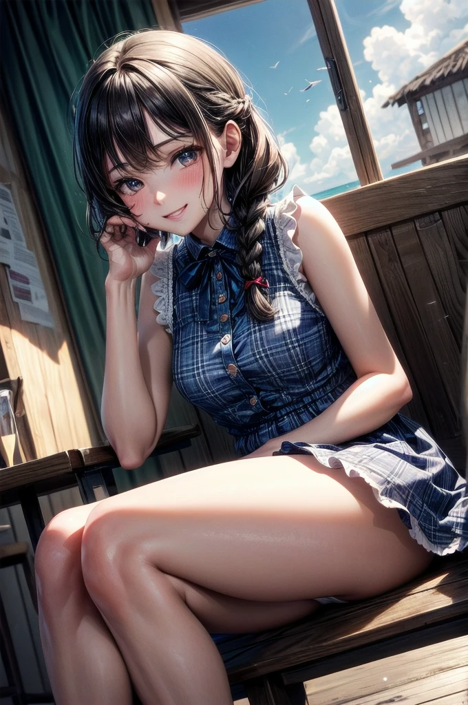very cute and beautiful girl sitting near window,(blue plaid summer dress with detailed frills),sleeveless,detailed lace,(spread legs,white panties), (highly detailed beautiful face),beach,wooden floating cottage, (smile),blush,twin braid,black hair, (best quality,masterpiece:1.2),absurdres,highres,ultra-detailed,extremely detailed,32k,8k resolution, intricate details,cinematic scene,detailed background,solo,dynamic angle, natural lighting,light particles,beautiful detailed sky,