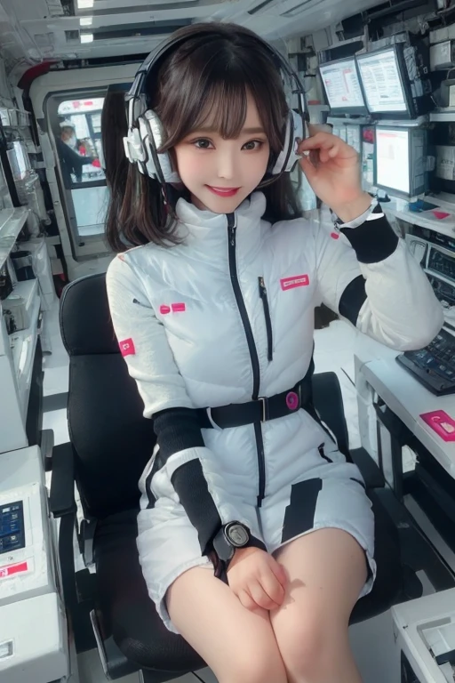 masterpiece, Highest quality, Very detailed, 8K Portrait,Japanese Android Girl,plump , Control panel,Robotic arms and legs, Blunt bangs,,break (Metallic Gray, Metallic luster, Mirror finish, Astro Best):5,headphone:5,break (Black sleeves):100,Smart Watches,Futuristic space station,Control Room,break headphone,blue eyes,(Black Hair):2,(Long Hair):1.3,Displaying the viewer,(respirator),break blush:3,Hidden Hand,smile