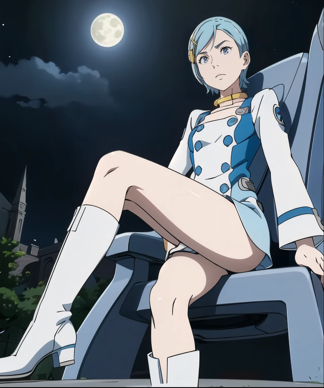 (Ultra-High Definition),eureka, night, moonlight, lone girl, purple eyes, short light blue hair, choker, hair clip, white and blue dress, long sleeves, white and blue knee high knee boots, shiny boots, full length view, legs up showing soles, sitting in chair, from just below, sneering, arrogant attitude (close-up view of soles of shoes)
