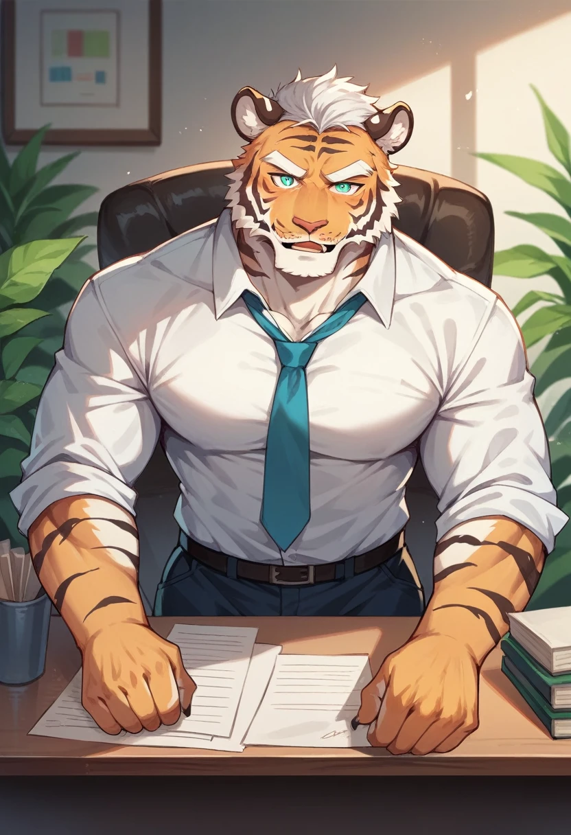 Siberian tiger,personification,Mature male,Strong Man,Enthusiastic expression,Cyan pupils,Light white eyebrows,office。