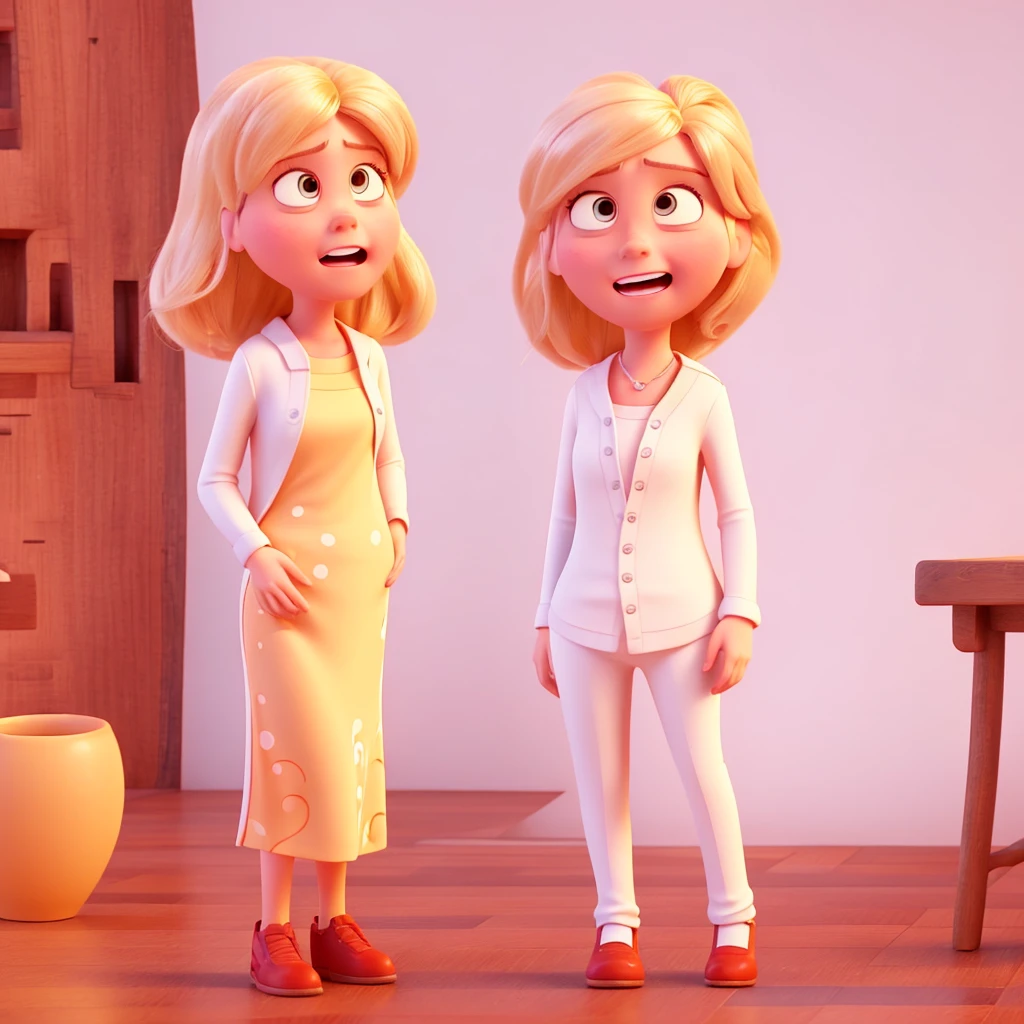 You work at PIXAR and here you will help me create characters for the film "Inside Out". The character must be: Gender: female hair: blonde and long height: Low Accessories: Emotion mug: anger Character color: red Background color: WHITE Make the character as similar to the film animation style as possible It should not be a 2D drawing