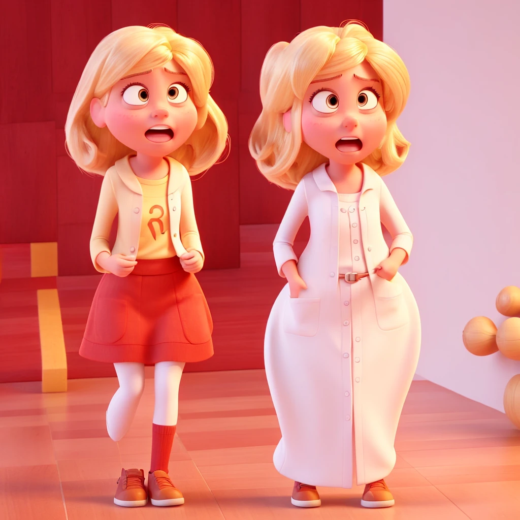 You work at PIXAR and here you will help me create characters for the film "Inside Out". The character must be: Gender: female hair: blonde and long height: Low Accessories: Emotion mug: anger Character color: red Background color: WHITE Make the character as similar to the film animation style as possible It should not be a 2D drawing