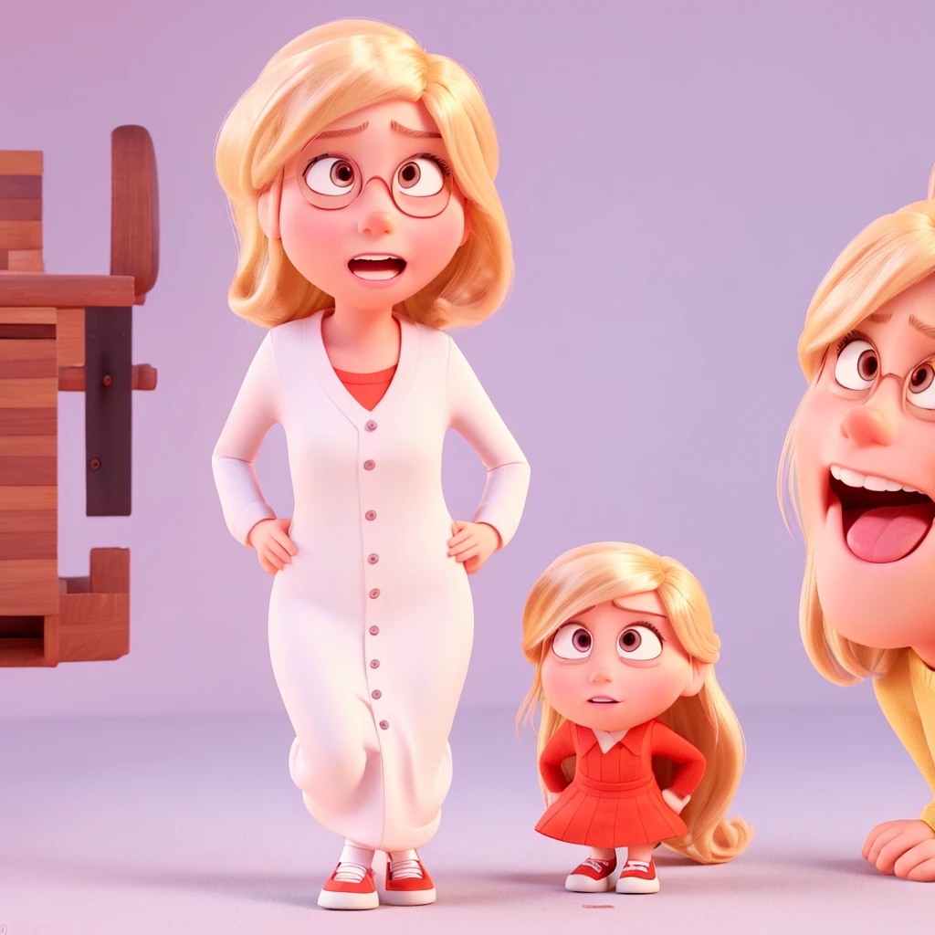 You work at PIXAR and here you will help me create characters for the film "Inside Out". The character must be: Gender: female hair: blonde and long height: Low Accessories: Emotion mug: anger Character color: red Background color: WHITE Make the character as similar to the film animation style as possible It should not be a 2D drawing